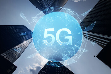 Aufkleber - Skyscrapers with a digital 5G network graphic against a sky backdrop, symbolizing technology and connectivity