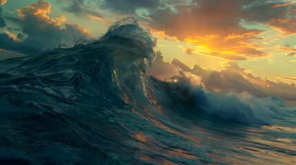a large wave during sunset with cloudy sky and blue ocean