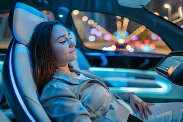 Wall Mural - Woman enjoying a night ride in a futuristic autonomous vehicle with vibrant city lights, highlighting advanced self driving technology and urban mobility