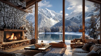 Wall Mural - Mountain lodge with a stone fireplace and snowy landscape