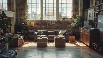 Poster - Moving into a modern loft, exposed brick walls, and boxes being unpacked