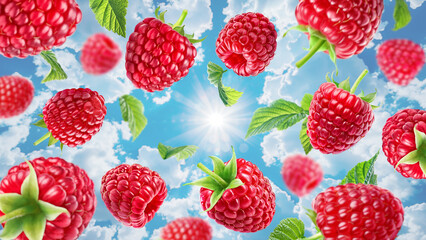 Wall Mural - Flying juicy raspberries against the background of the sky with clouds.