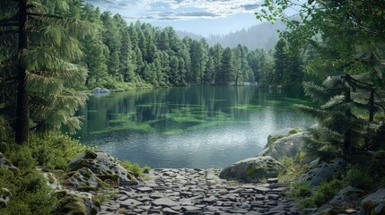 Wall Mural - A hidden lake in a secluded part of the park, surrounded by dense forest, with a rough stone path leading adventurers to discover this untouched natural beauty.