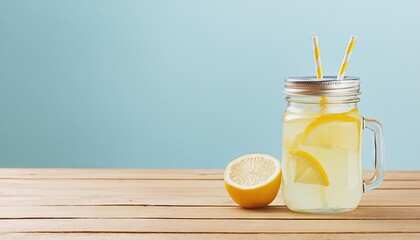 Natural lemonade in mason jar on wooden table