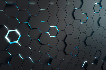 Wall Mural - Hexagonal pattern with neon blue accents on a dark background, conveying a high-tech concept. 3D Rendering