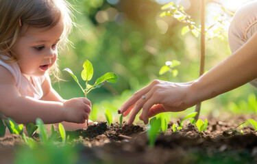 Canvas Print - Little girl and her mother planting a tree in the garden, their hands together on the soil, a sunny day with a green background