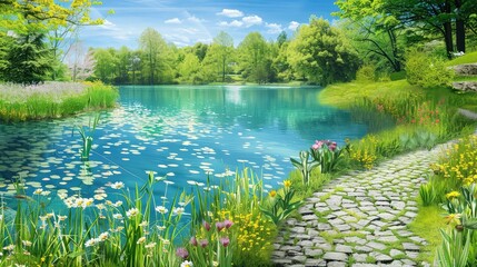 Poster - A lively spring park scene with a crystal-clear lake, blooming wildflowers around the edges, and a neatly laid stone path that invites visitors to explore further into the greenery.