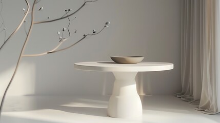 Poster - 3D rendering of a minimalist interior scene with a round table and a ceramic bowl on it.
