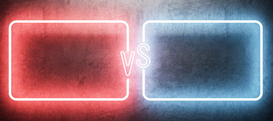 Poster - A vs neon sign in red and blue on a grungy textured background, indicating a versus concept. 3D Rendering