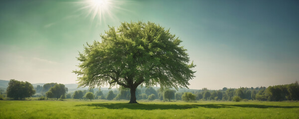 big tree on meadow with sun in background. High resolution illustration