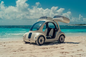 Poster - Autonomous electric vehicle on a tropical beach, showcasing futuristic design, advanced technology, and a vision of future mobility in vacation settings