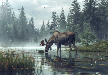 Sticker - A moose standing in the water, eating grass with its head tilted up and its mouth open to eat it. The lake is calm without waves or ripples on the surface