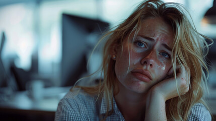 Distressed young woman sheds tears in an office, expressing emotional turmoil