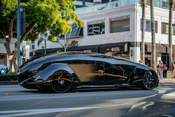 Sticker - Futuristic vehicle on a city street, highlighting advanced technology and sleek design for modern urban mobility and transportation