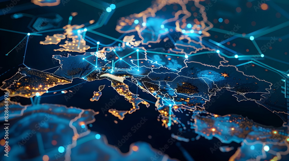 Illuminated Europe Map Network Connectivity Digital Visualization Stock ...