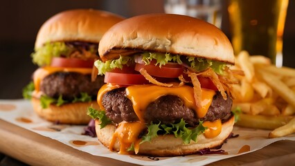 A delectable close-up food photography of a juicy hamburger with melted cheese