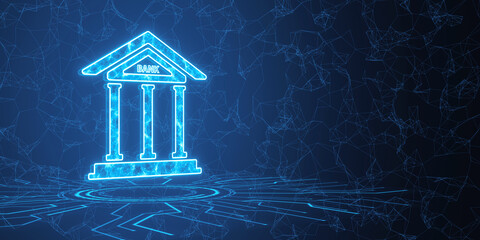 Wall Mural - Neon blue bank icon over a digital network on a dark blue background, illustrating financial technology. 3D Rendering