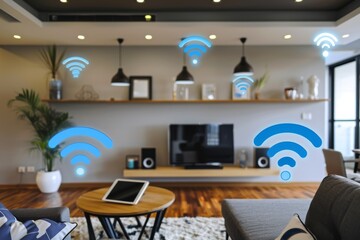 Sticker - Modern living room with multiple devices connected to a home Wi Fi network, showcasing the convenience and connectivity of smart home technology