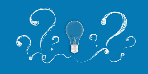 Fototapete - Lightbulb with question mark swirls on a blue background, illustrating the concept of inquiry and ideas. 3D Rendering