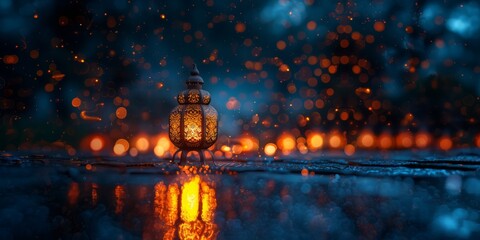Muslim Arabian Lantern is lighting at night. Beautiful Lanterns Outdoors Background. Blurred Bokeh Lights Wallpaper.