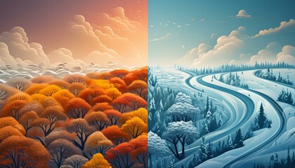 Wall Mural - Banner showcasing contrast between summer and winter seasons in climate change timeline