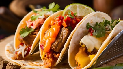 A mouthwatering close-up food photography featuring a colorful array of tacos