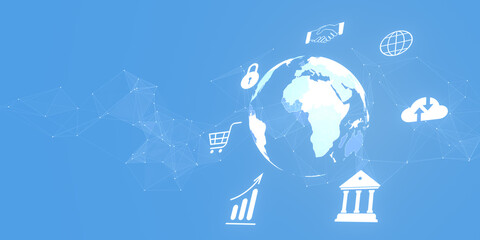 Poster - Global business icons over a blue background, digital style, depicting worldwide commerce concept. 3D Rendering