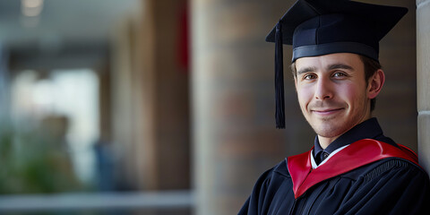 A smiling young male graduate in red and black regalia poses outdoors with confidence