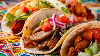 A mouthwatering close-up food photography featuring a colorful array of tacos