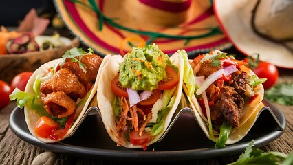 A mouthwatering close-up food photography featuring a colorful array of tacos