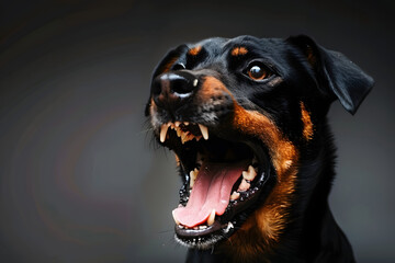 A black and brown dog with its mouth open widely