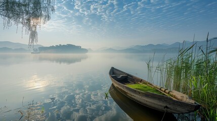 Poster - The sun rises in the east, and there is an ancient boat on West Lake with reeds growing beside it. The lake water reflects light blue sunlight, creating beautiful scenery