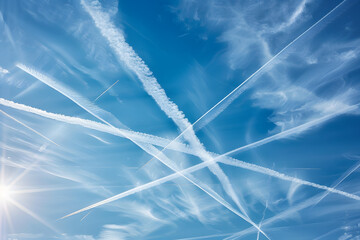 Wall Mural - A group of contrails forming a cross in the blue sky as they fly