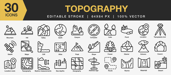 Set of 30 Topography icon set. Editable Stroke Icon Collection. Includes canyon, cliff, desert, forest, lake, mountain and More. Outline icons vector collection.