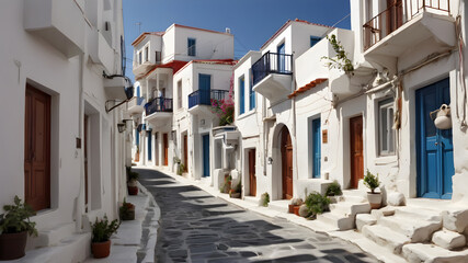 Aegean streets, white building blue doors, Generative AI