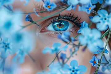 Sticker - A tight shot of a woman's blue eye, framed by blue flowers in the foreground and more flowers behind