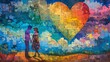© kornc - A heartfelt painting depicting LGBTQ+ couples of various backgrounds embracing and holding hands in a vibrant park, with a large rainbow flag in the background and the words love is love subtly