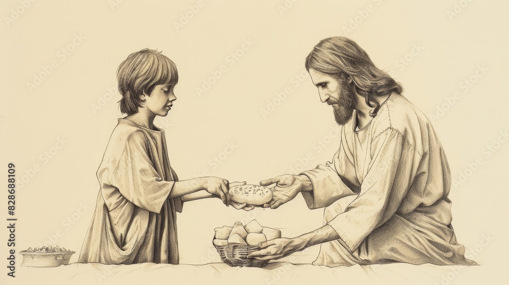 Jesus Feeds 5,000, Multiplying Loaves and Fish, Biblical Illustration ...