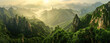 © Kien - panoramic photo of an incredible mountain vista at sunrise, with rocky peaks and lush green valleys, with hikers