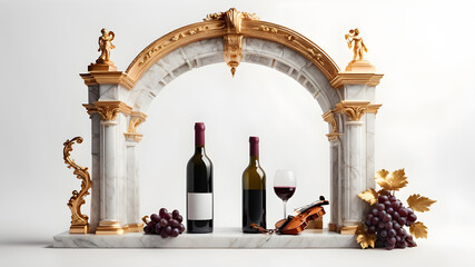 Beautiful marble luxury arch with gold and violin and wine bottle on the side of arch isolated on white background, Generative AI