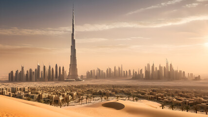 Wall Mural - Bollywood action movie poster background with burj khalifa and dubai skyline and desert, Generative AI