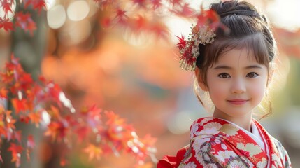 Little Japanese girl in kimono standing in a field of red maple leaves