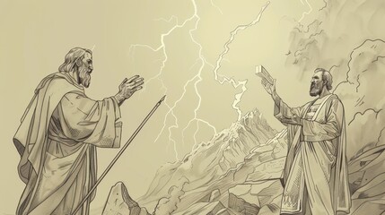 Wall Mural - Mount Sinai, Moses, Ten Commandments, Thunder, Lightning, Biblical Illustration, Beige Background, Copyspace