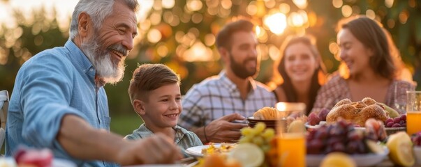 Family reunion dinner at sunset, close up, focus on, bright colors, happy summer feast