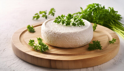 Wall Mural - Fresh round cheese piece with herbs on round wooden board. Farm natural product. Organic food.