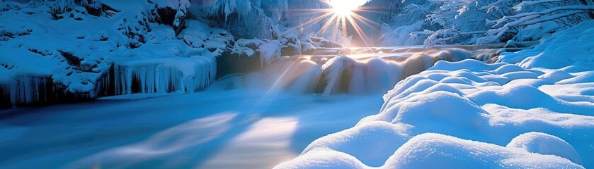 Poster - Breathtaking winter landscape with a snow-covered river and sunbeams breaking through the trees creating a serene and peaceful atmosphere.