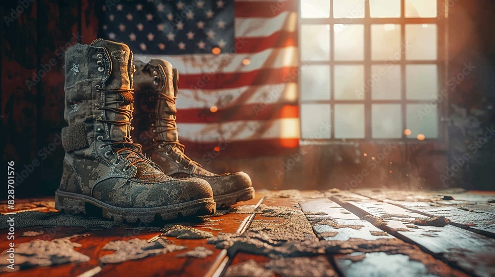 Military boots with American flag, rustic wood floor, warm light ...