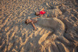 © Sergey Novikov - Boy and girl enjoy sandy mermaid sculpture play at sunset beach