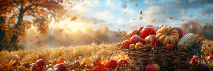 Wall Mural - autumn harvest scene, thanksgiving day table set with pumpkins, apples, and corn against backdrop of field, trees, and sky festive harvest scene