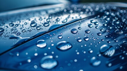 An artistic close-up of a blue car roof with water droplets, focusing on the interplay of light and shadow across the surface